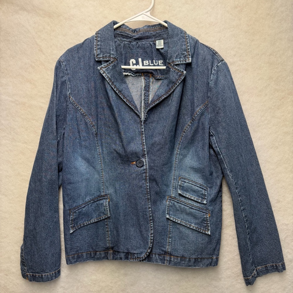 C.J. BLUE Women’s Size 14 Blue Denim Blazer Jacket 100% Cotton Y2K